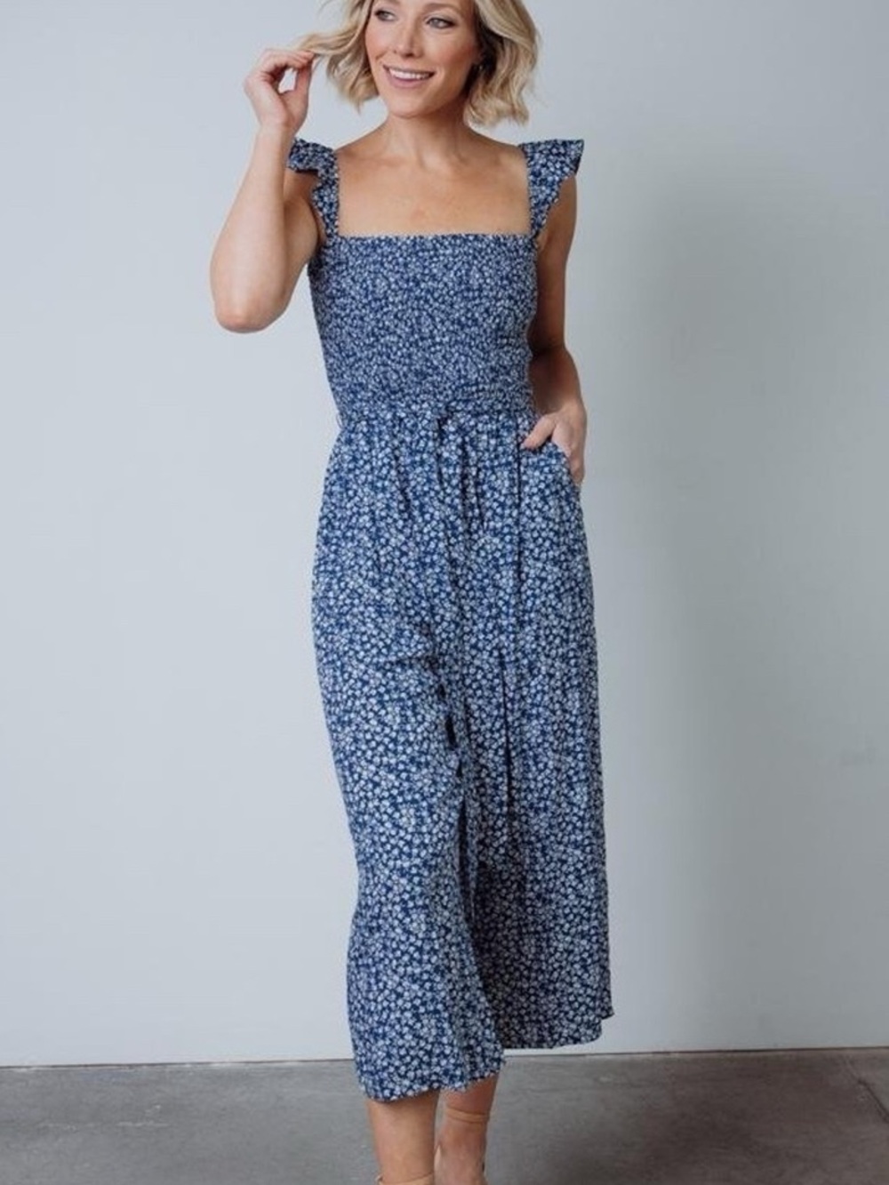 Baltic Born Hadley Smocked Square-Neck Blue Floral Jumpsuit M